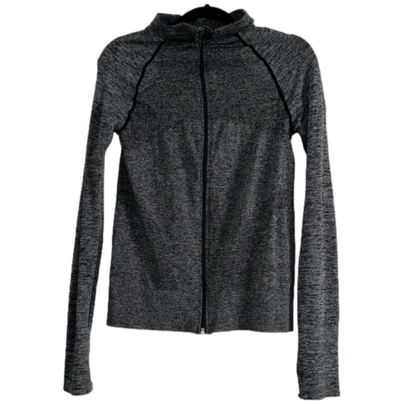 Fitted black & grey marl zip up athletic spandex jacket Large thumbholes - Picture 1 of 12